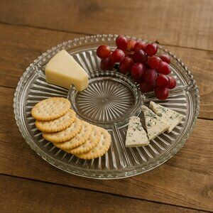 VIntage Mid Century Modern Clear Glass Round Divided Serving Tray Pressed Glass